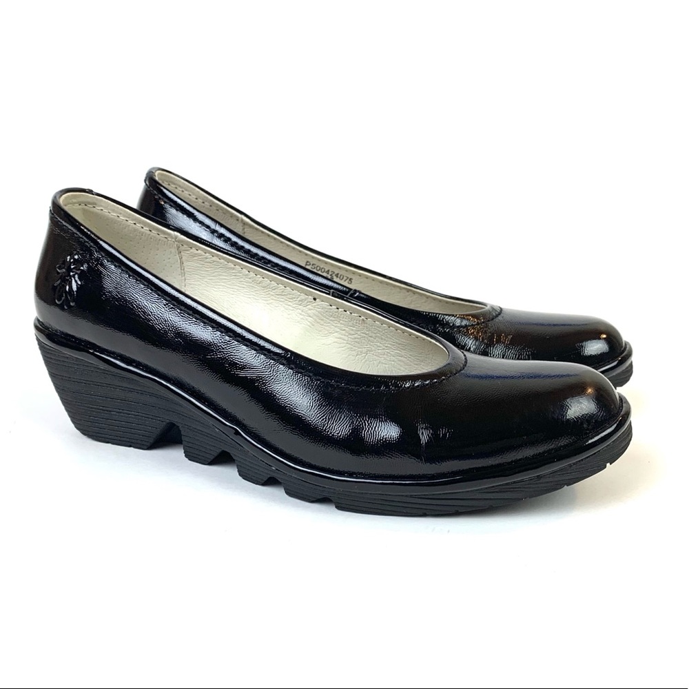 Fly London Black Patent Leather Heel Wedge Shoes